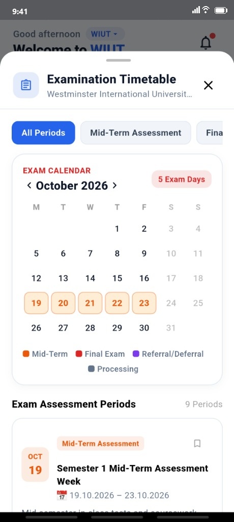 Alliance Rules & Examination Timetable Screen