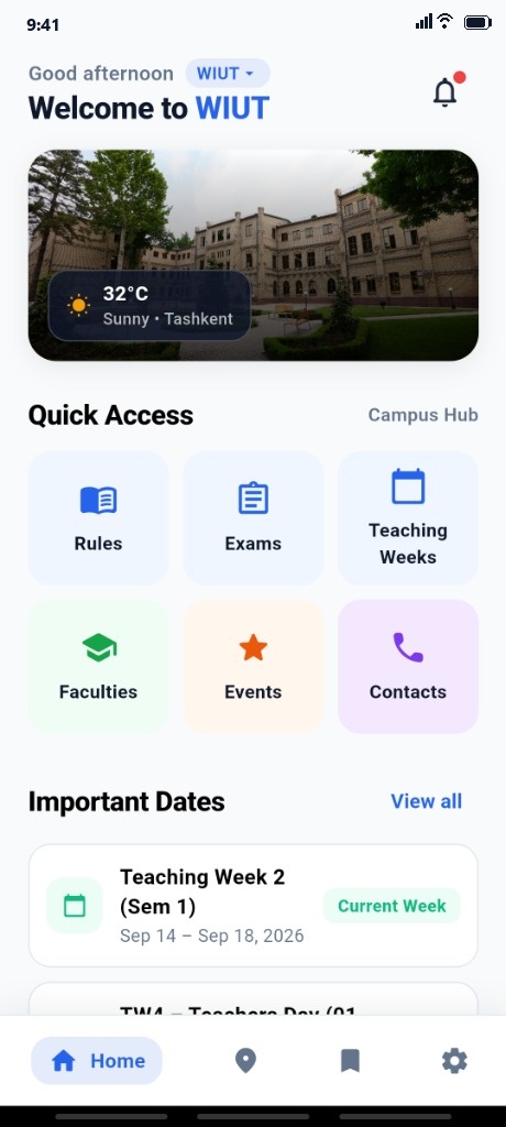 Alliance App Home Screen showing WIUT Campus and Quick Access